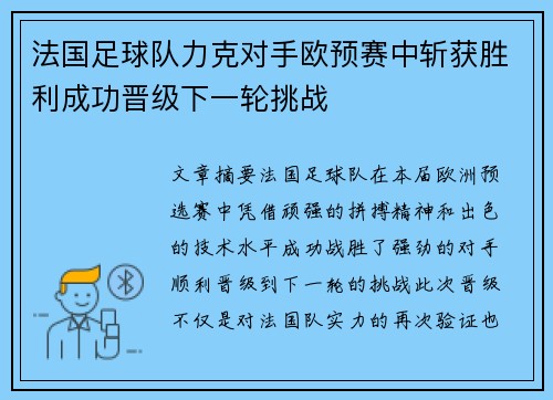 法国足球队力克对手欧预赛中斩获胜利成功晋级下一轮挑战