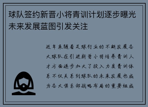 球队签约新晋小将青训计划逐步曝光未来发展蓝图引发关注