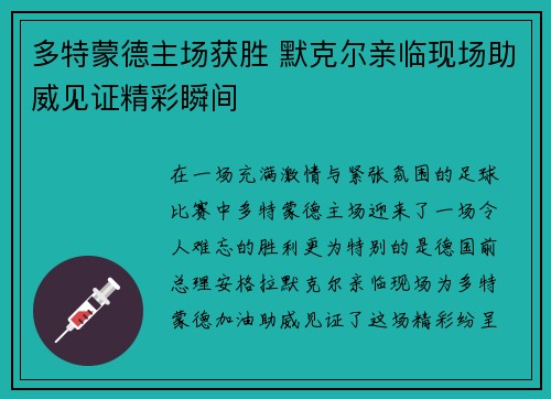 多特蒙德主场获胜 默克尔亲临现场助威见证精彩瞬间