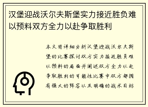 汉堡迎战沃尔夫斯堡实力接近胜负难以预料双方全力以赴争取胜利